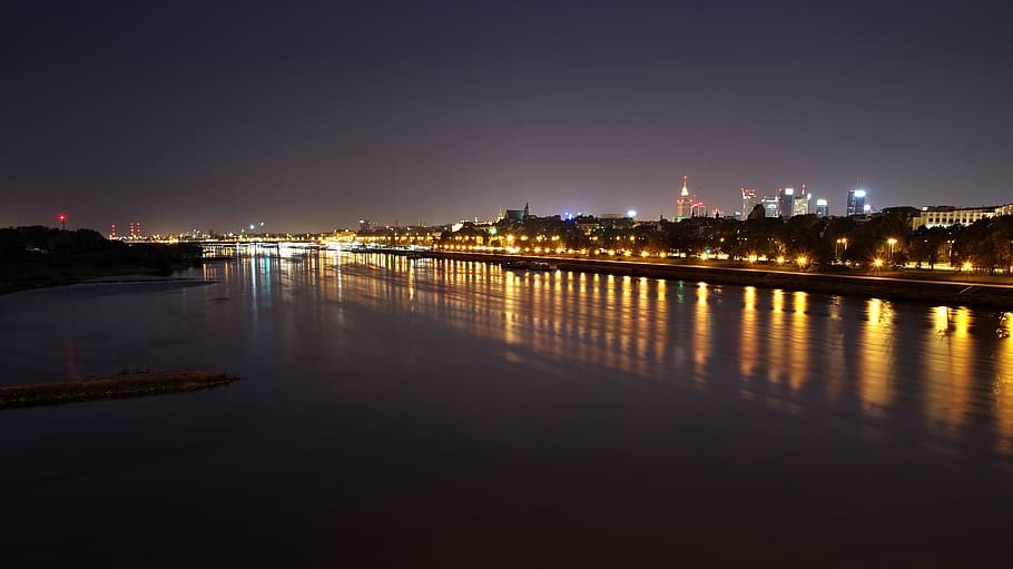 bridge with lights during nighttime, warsaw, wisla, city, water HD wallpaper