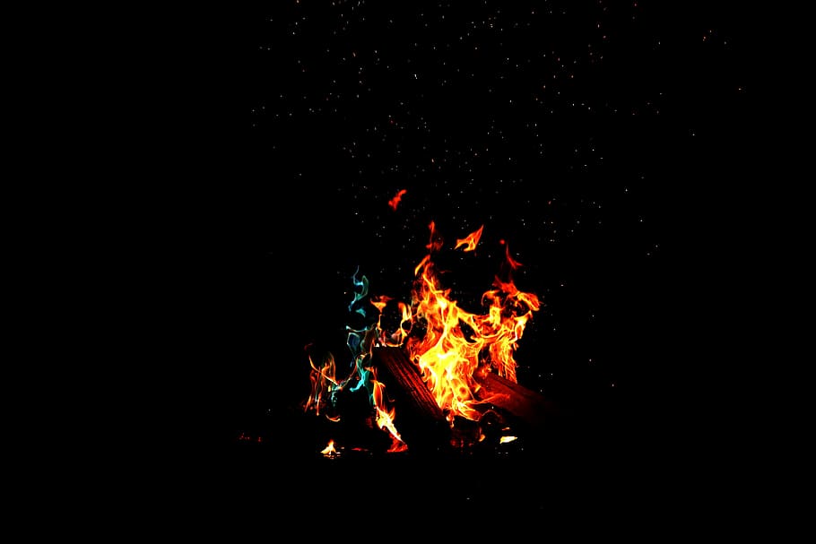 low-light photography of fire, red and blue flames during night HD wallpaper