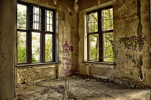 brown steel window frames, ruin, villa, lapsed, decay, home HD wallpaper