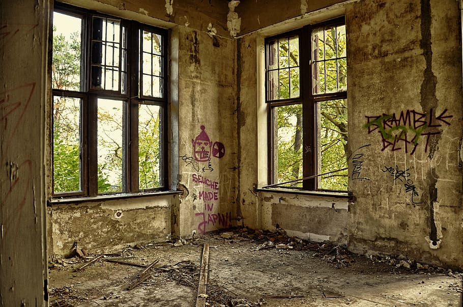 brown steel window frames, ruin, villa, lapsed, decay, home HD wallpaper