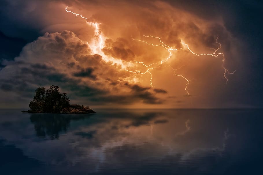 photo of island and thunder, photo of island between body of water with lightning storm, HD wallpaper