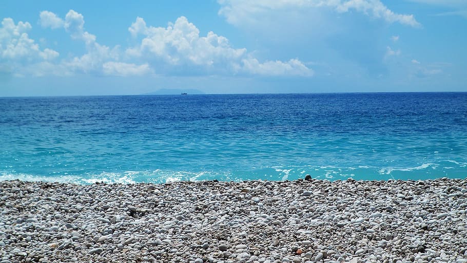 beach, sea, sky, sand, lazur, the coast, blue, relaxation, pebbles, HD wallpaper