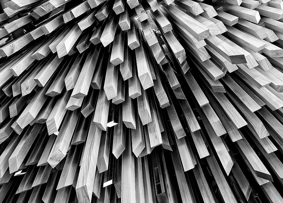 grayscale photo of wood planks, logs, lumber, black, white, black and white