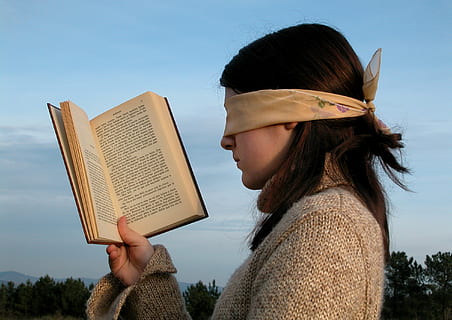 woman wearing white blindfold holding book during daytime, read HD wallpaper