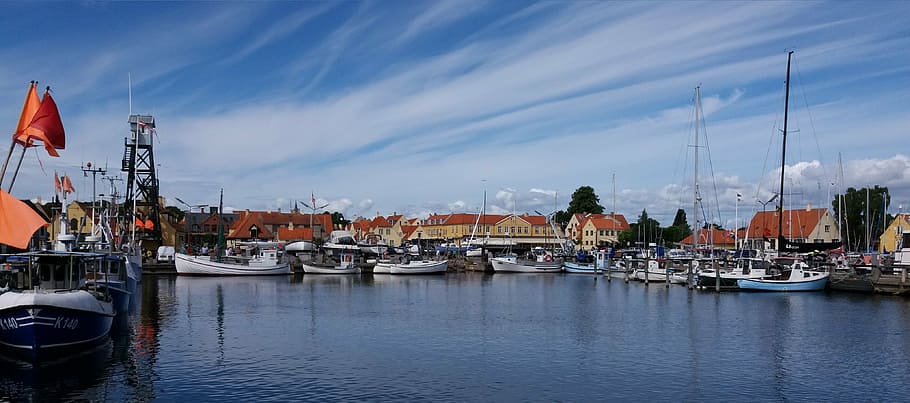 port, water, blue, clouds, both, fish, sail, copenhagen, fishing HD wallpaper