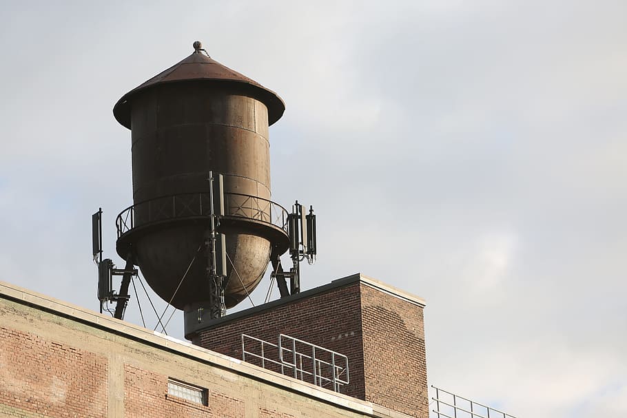 water tower, building, old, metal, rooftop, bricks, wall, built structure HD wallpaper