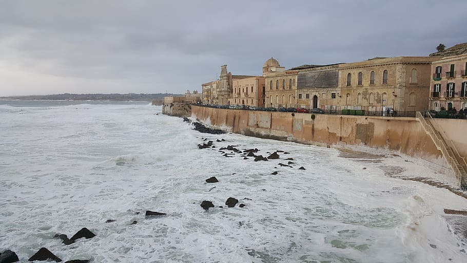 Syracuse, Sicily, Sea, Waves, sea storm, spray, water, italy, HD wallpaper