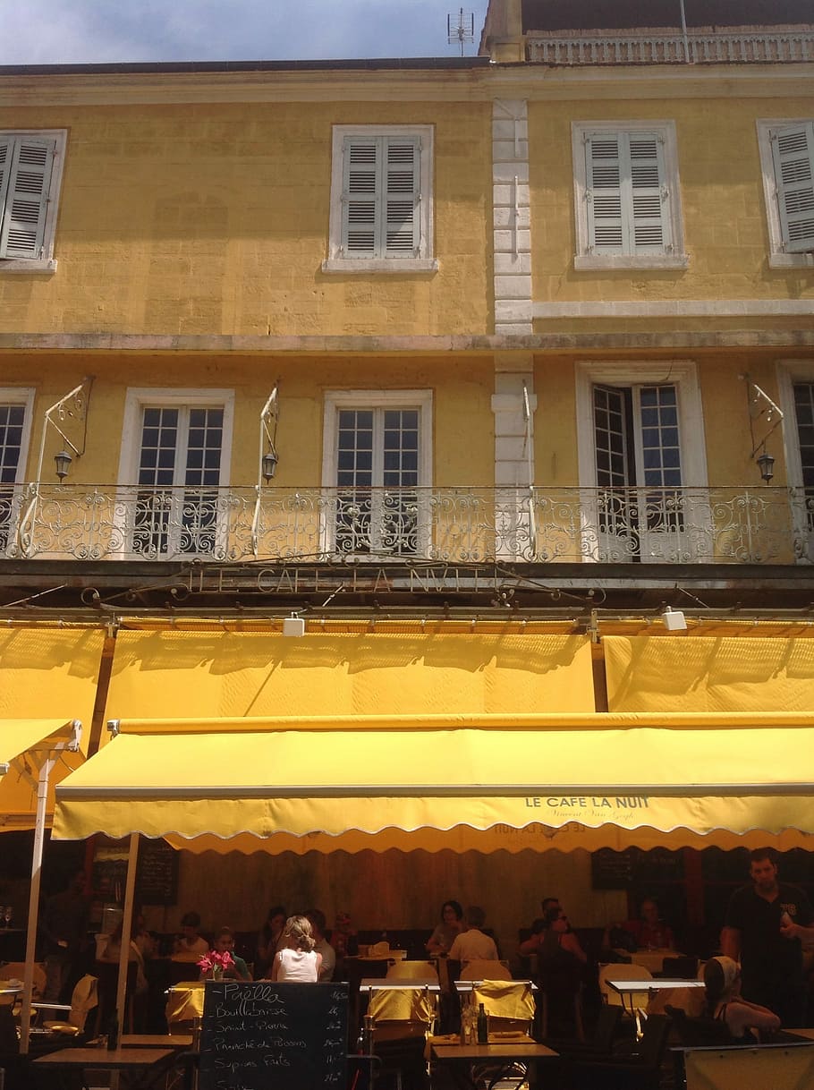 Cafe, Arles, Yellow, Building, Windows, architecture, street HD wallpaper
