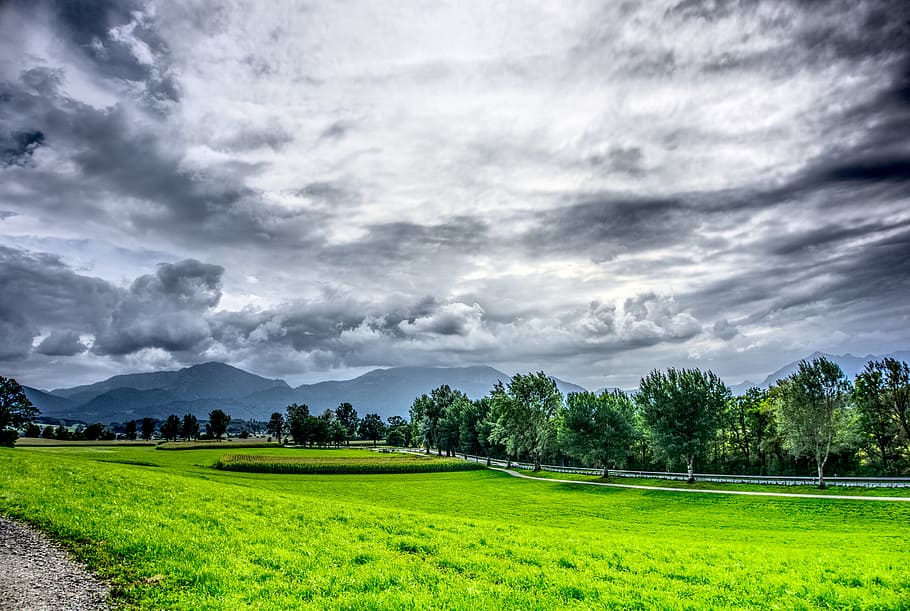 landscape, clouds, sky, meadow, grass, mountains, chiemgau HD wallpaper