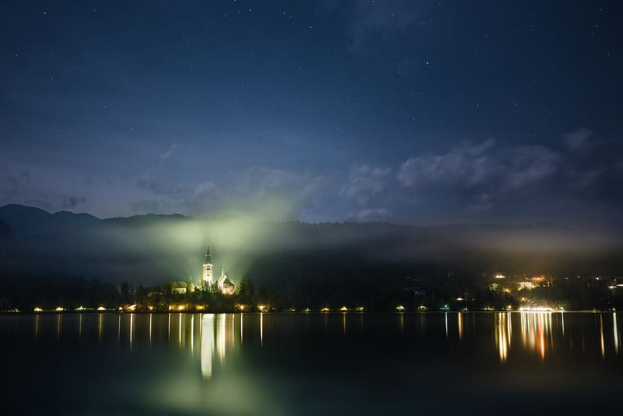 mountain, trees, nature, sky, dark, night, cloud, stars, building HD wallpaper