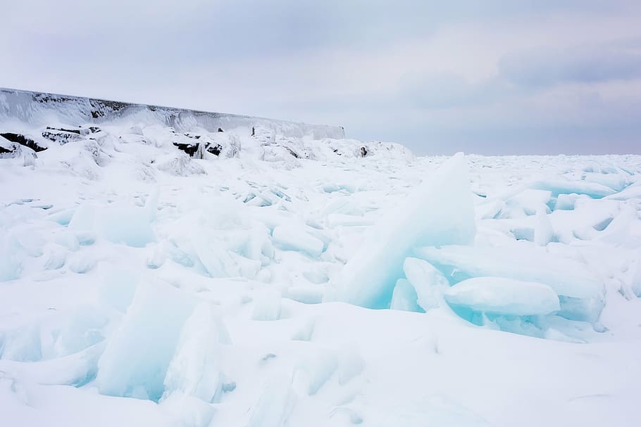 lake huron, frozen, ice, blue, winter, icy, snow, cold, ice floe, HD wallpaper