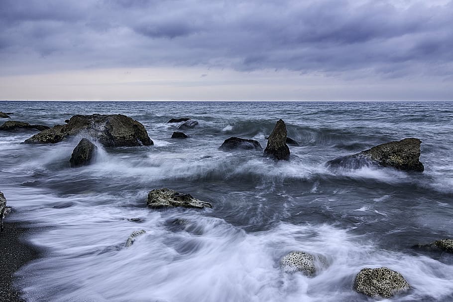cloudy sky, ocean, rock, rocks, sea, seascape, seashore, storm HD wallpaper