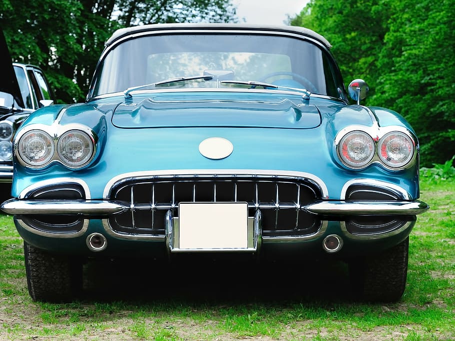 classic blue vehicle parked on green field, oldtimer, auto HD wallpaper
