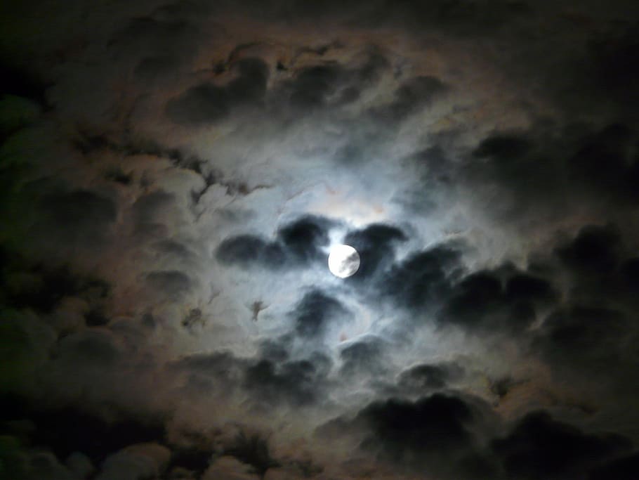 gray clouds covering moon, night, dark, hell, light, mystical, HD wallpaper