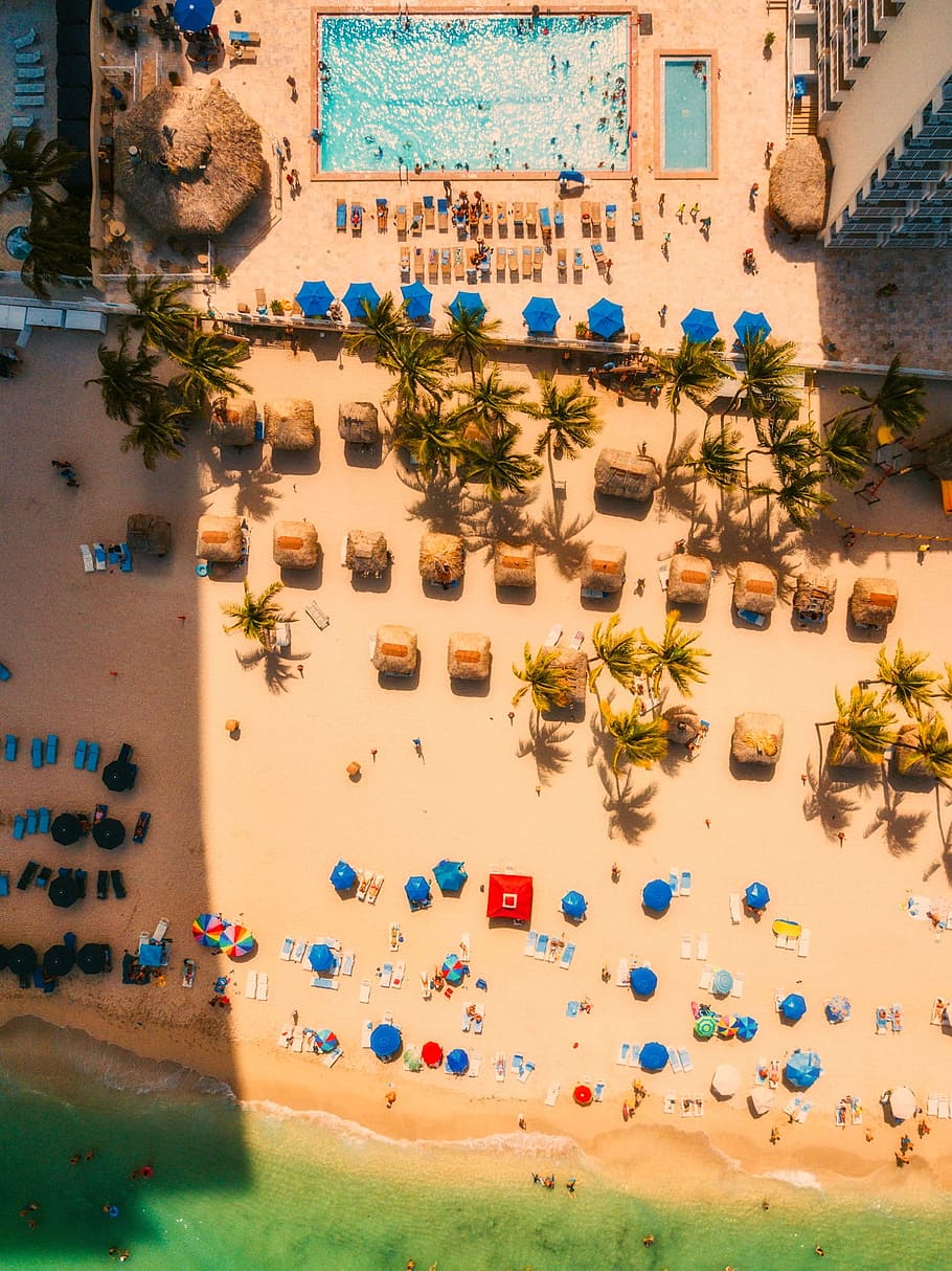 aerial photography of pool restort, beach, sand, sea, ocean HD wallpaper