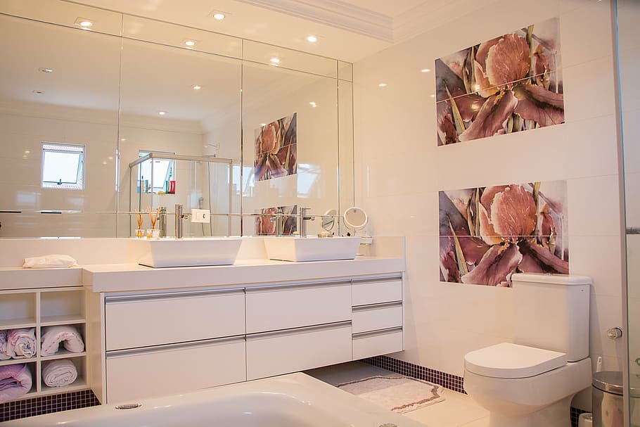photo of white bathroom set, home, mirror, luxury, domestic Bathroom HD wallpaper