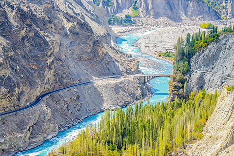 Beautiful Hunza, green leafed trees near mountain, rock, cliff HD wallpaper