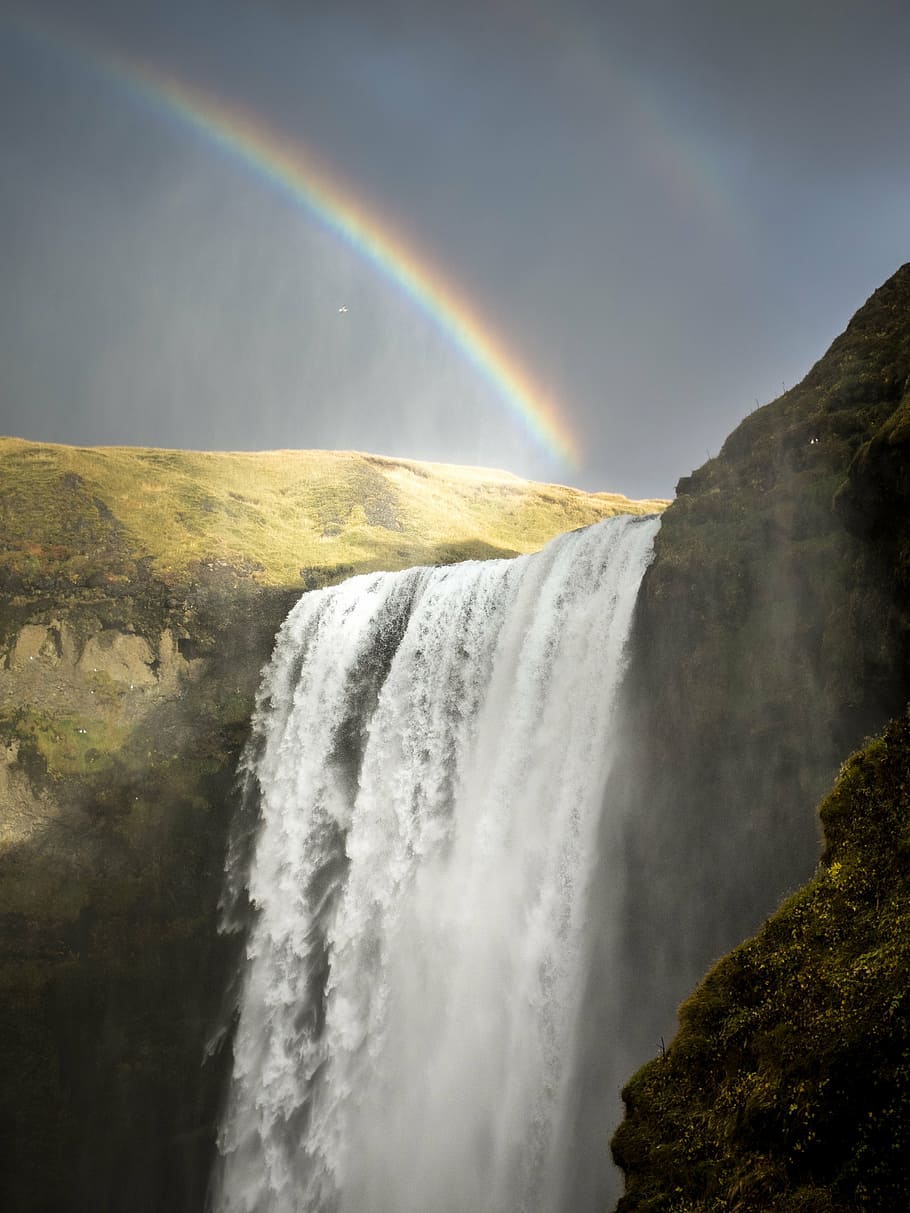 waterfalls on mountain, iceland, rainbows, nature, landscape, HD wallpaper
