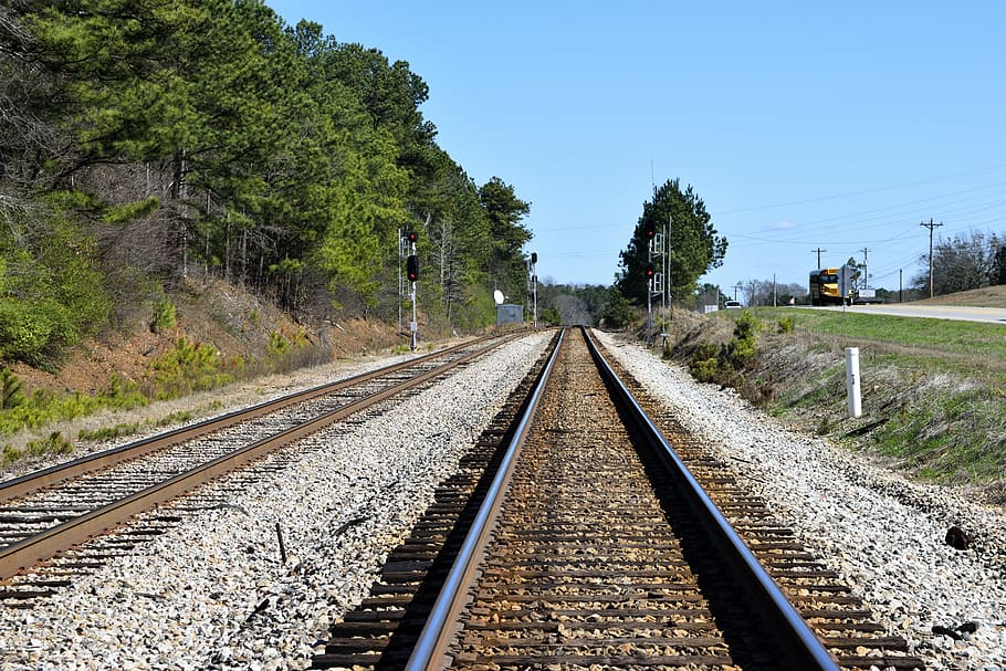 train rail and trees, railroad, tracks, railway, transportation, HD wallpaper