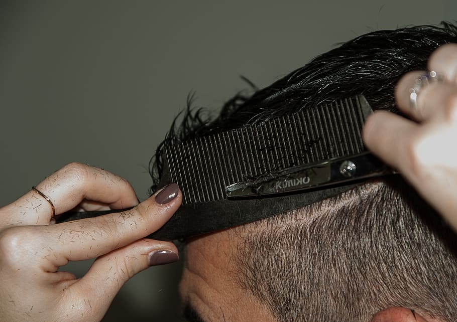 person holding shear and hair comb doing hair cutting man hair, HD wallpaper