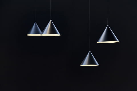 four round stainless steel pendant lamps, four gray metal pendant lamps inside dimmed room HD wallpaper