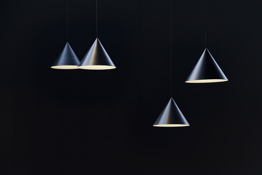 four round stainless steel pendant lamps, four gray metal pendant lamps inside dimmed room HD wallpaper