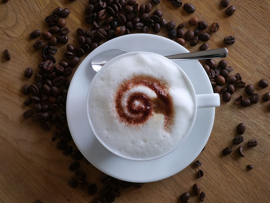 white ceramic mug on ceramic saucer, coffee, cup, cappuccino HD wallpaper