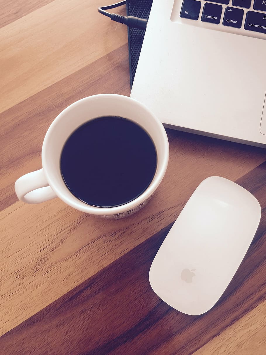 black coffee, breakfast, caffeine, computer, cup, desk, drink HD wallpaper