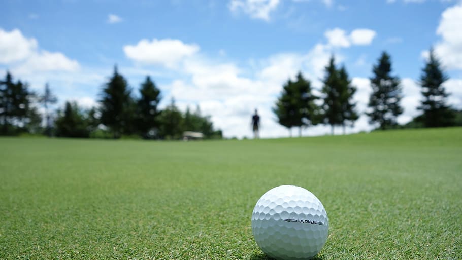 golf ball on ground, green, golf course, sport, focus on foreground HD wallpaper