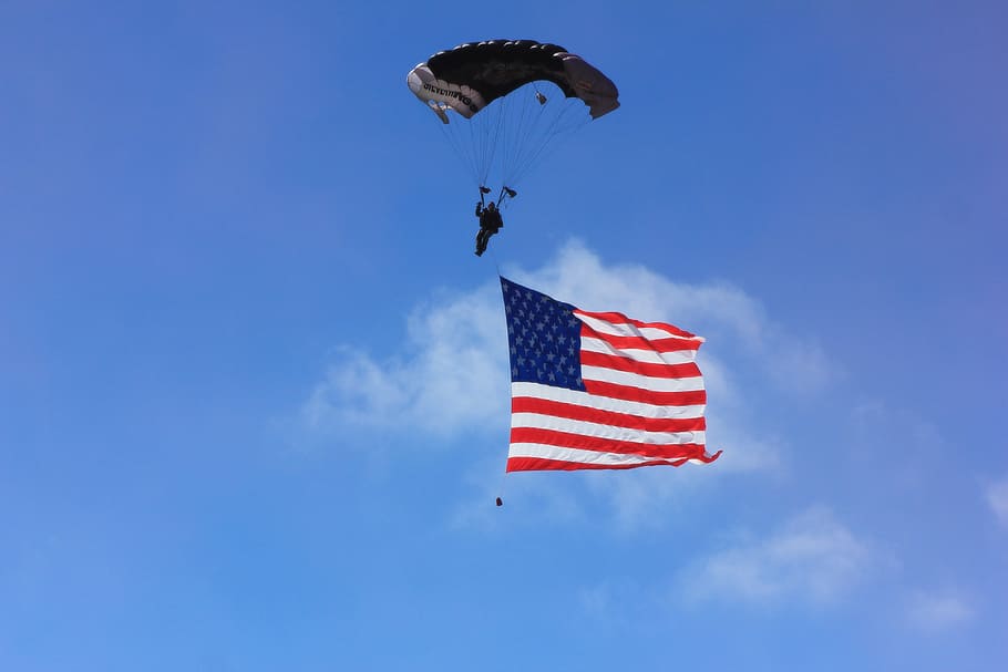 parachute, paragliding, flag, us, sky, extreme, jump, flying HD wallpaper
