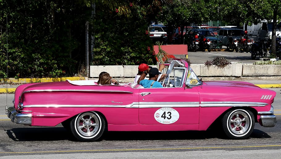 cuba, car, biscay, convertible, pink, chrome, taxi, vintage HD wallpaper