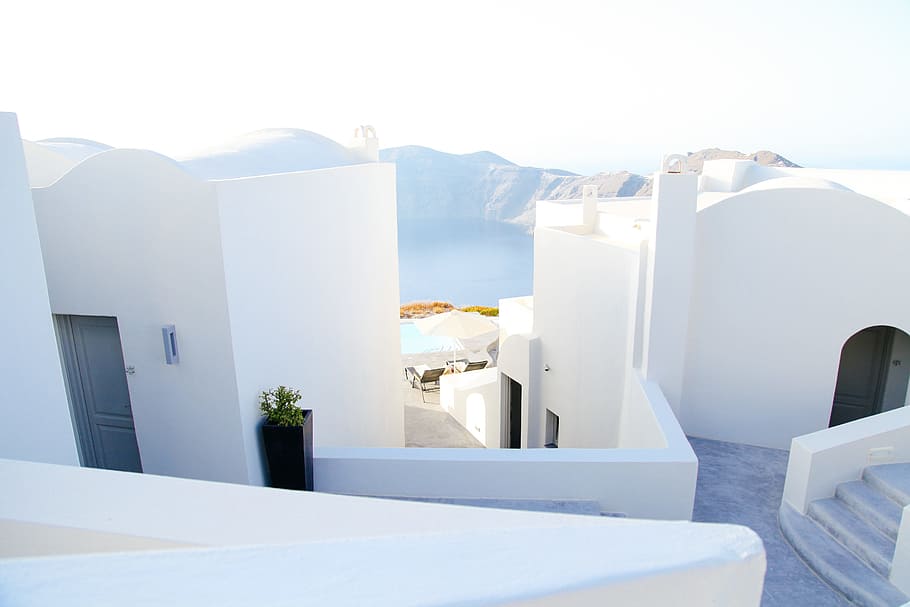 landscape photography of white houses, Santorini, Greece during daytime, HD wallpaper