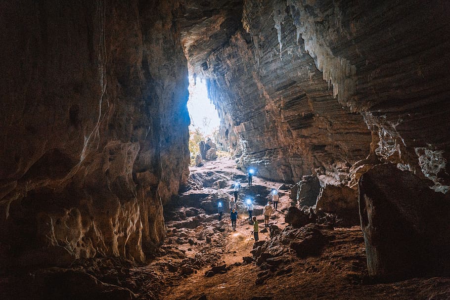 group of people going to cave, people in cave, jungle, nature HD wallpaper