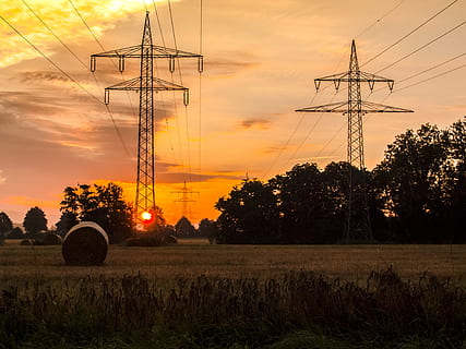 Landscape, Sunset, Dusk, Field, electricity, sky, electricity Pylon HD wallpaper