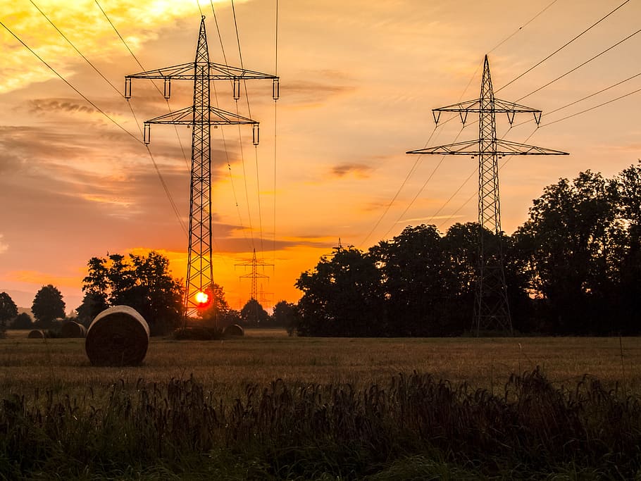 Landscape, Sunset, Dusk, Field, electricity, sky, electricity Pylon HD wallpaper