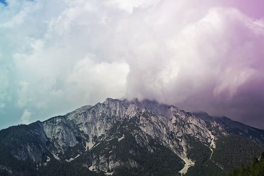 mountain under cloudy sky, white, brown, snow, winter, trees HD wallpaper