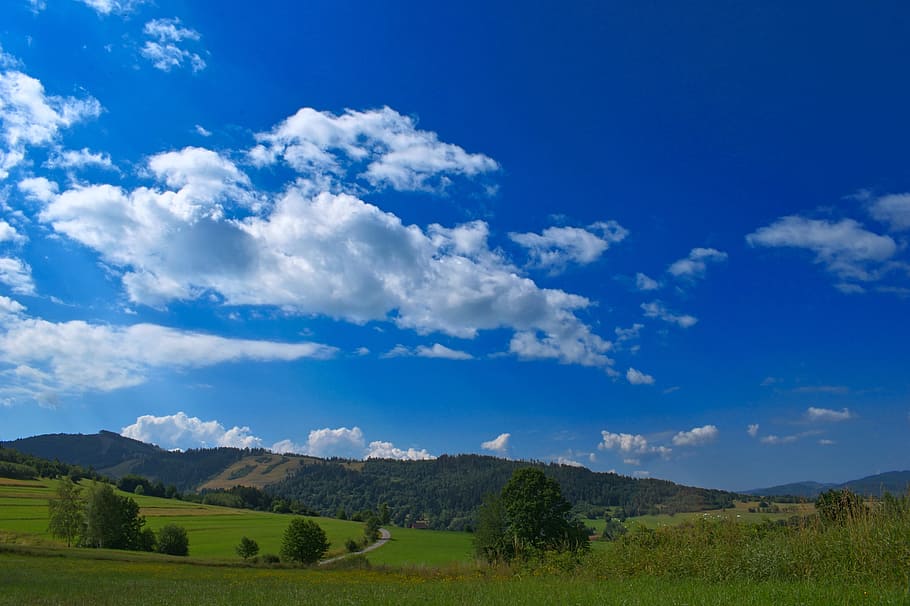 landscape, sky, clouds, mountains, nature, forest, green, colors HD wallpaper