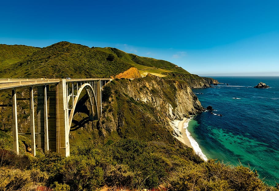 overlooking view of hanging bridge, pacific coast highway, travel, HD wallpaper