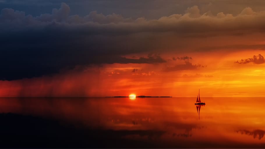 silhouette of sailboat on body of water, silhouette of sailboat on ocean during golden hour