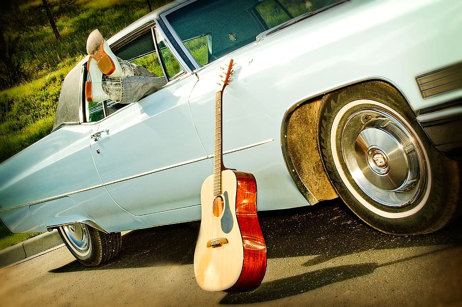 brown acoustic guitar leaning on blue vehicle, classic car, boots, HD wallpaper