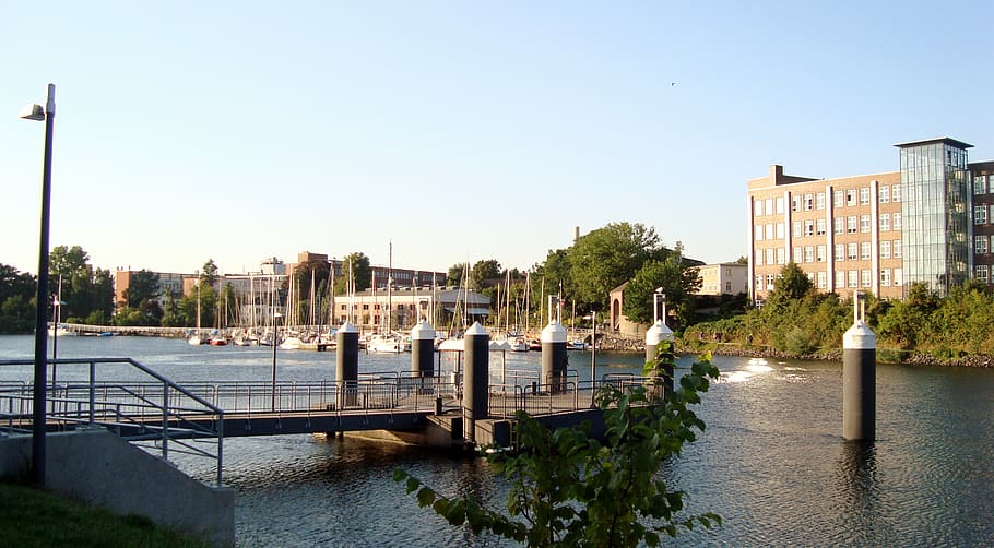 pier, boat, river, building, kiel, germany, water, architecture, HD wallpaper