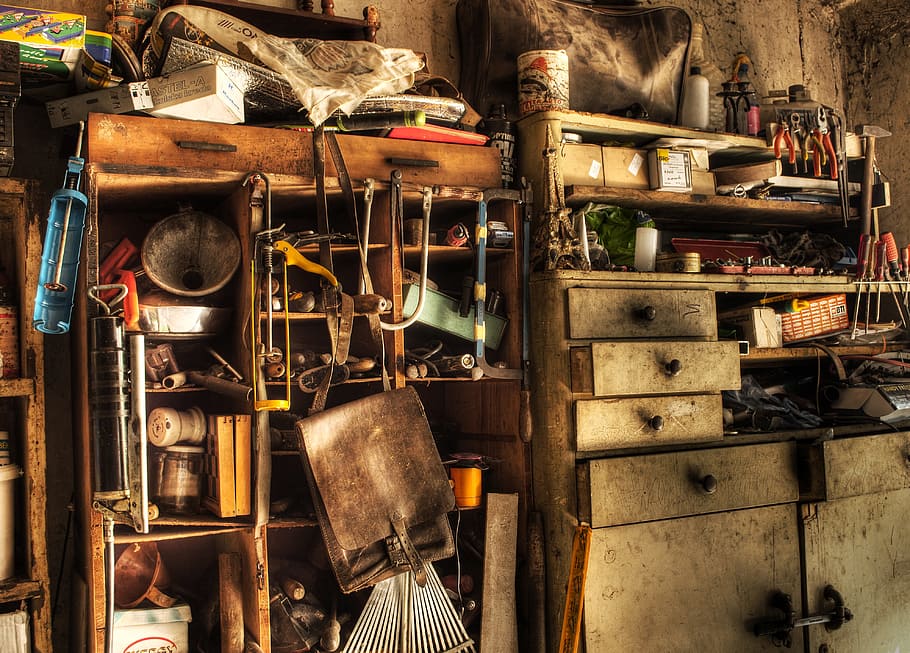 assorted tools painting, shelf, old, stock, container, industry, HD wallpaper