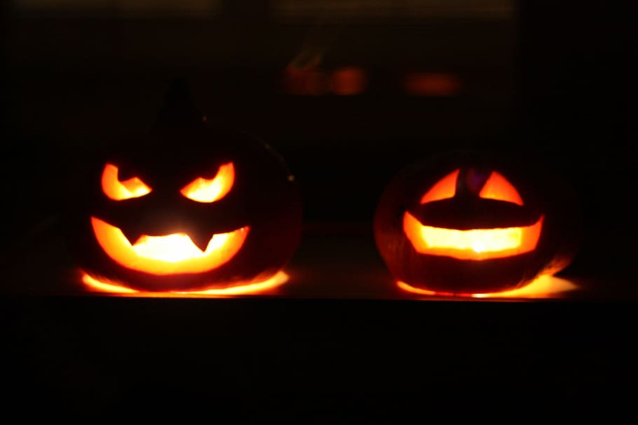 two lighted Jack-o-Lanterns, jack o lantern, halloween, pumpkin, HD wallpaper