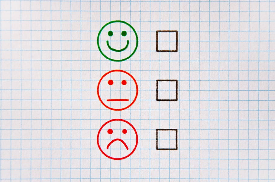 feedback, checklist, empty, smiley, green, orange, red, not good