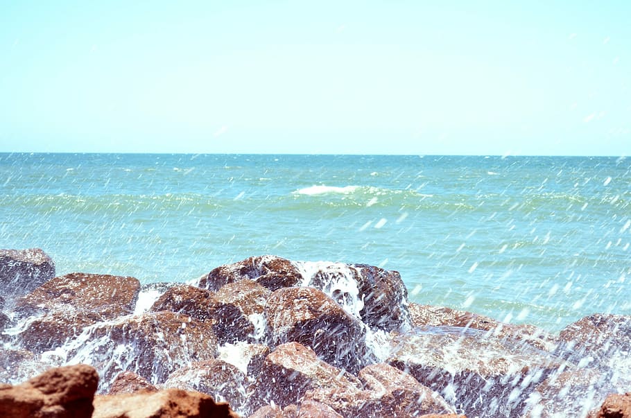 sea, rocks, blue, beach, breeze, heat, water, sky, horizon over water HD wallpaper