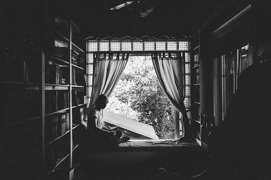 HD wallpaper: Greyscale Photo of Man Looking Through Window, black