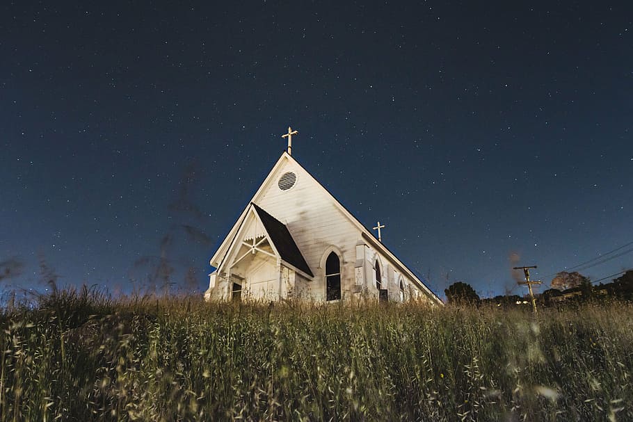 low angle photo of church during nighttime, green, grass, farm HD wallpaper