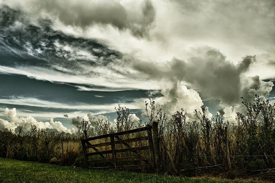 gate, sky, storm, field, clouds, landscape, cloud - sky, plant, HD wallpaper