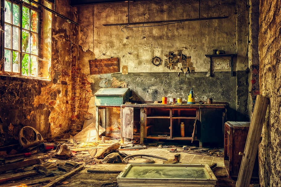 brown wooden cabinet, workshop, lost places, leave, old, decay, HD wallpaper