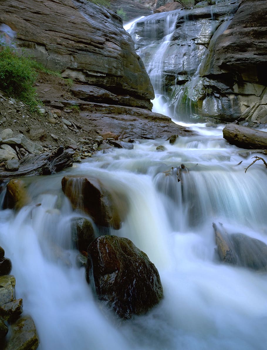 waterfall, stream, rocks, scenic, river, creek, long exposure HD wallpaper